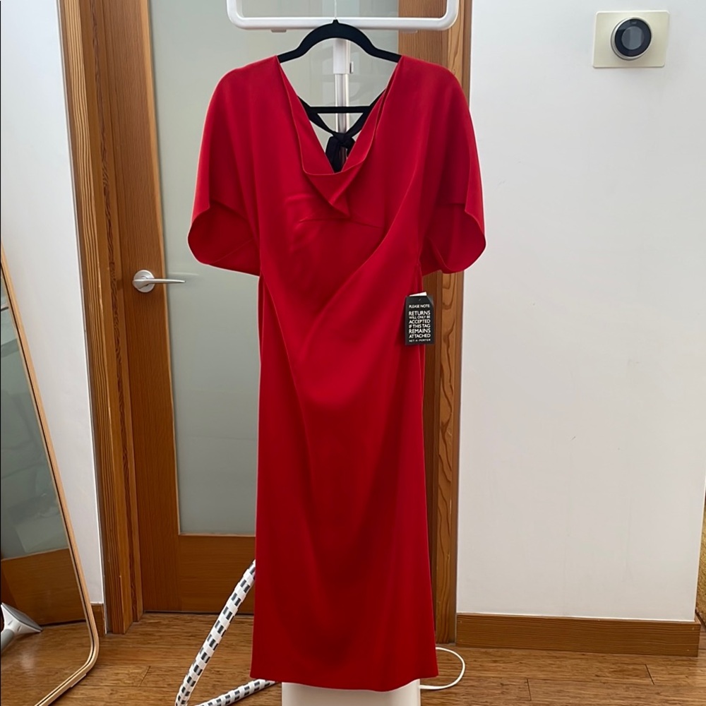 Bright Red Roland mourner Dress with zip back and black ribbon back